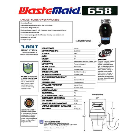 Wastemaid 1-1/4 HP Garbage Disposal Anti-Jam and Corrosion Proof with Odor Guard and Silver Guard 10-US-WM-658-3B